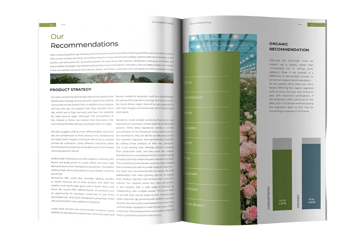 Sawubona Oils market-entry research booklet open to the Go-to-Market Strategy and Recommendations spread
