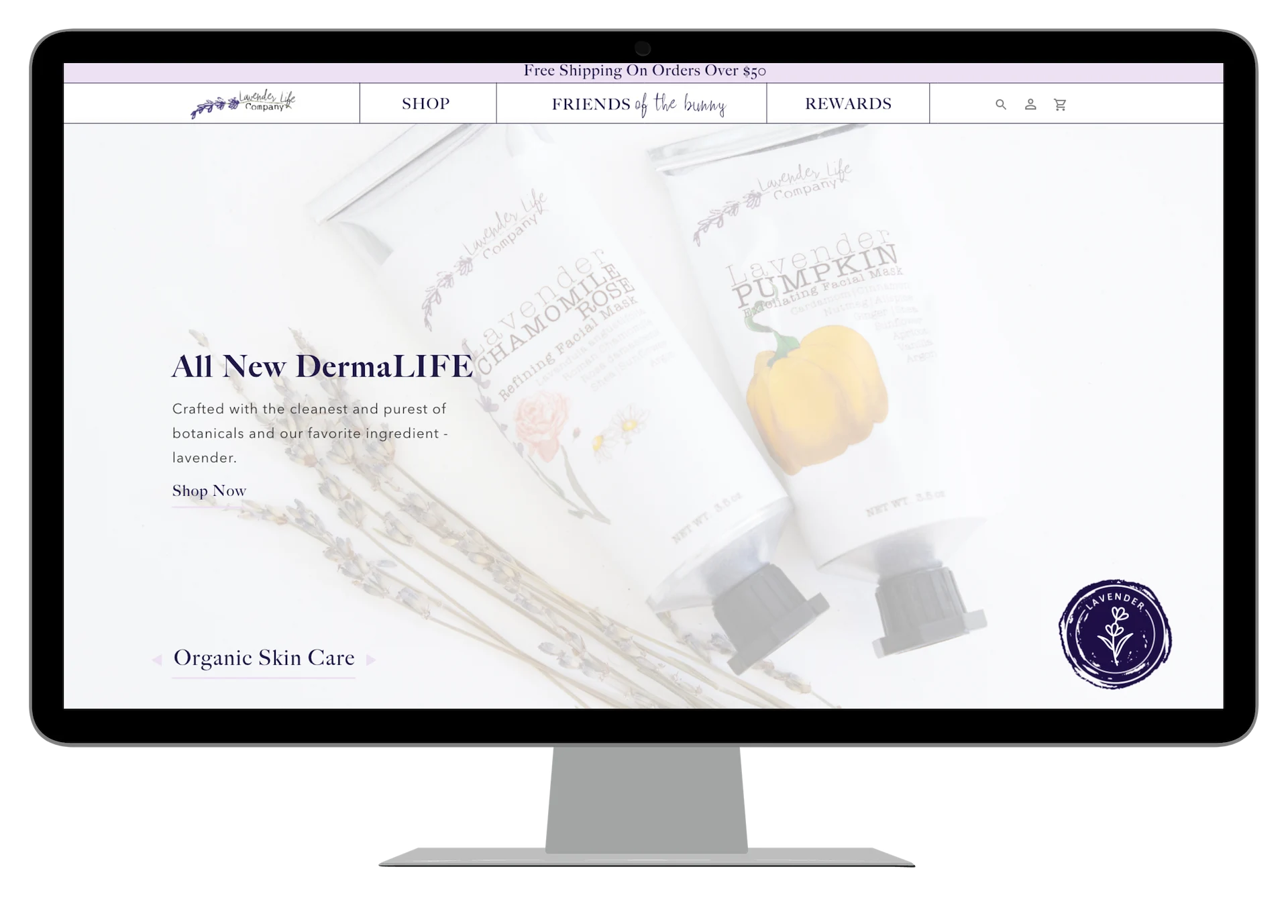Lavender Life Company website homepage featuring the DermaLIFE product line